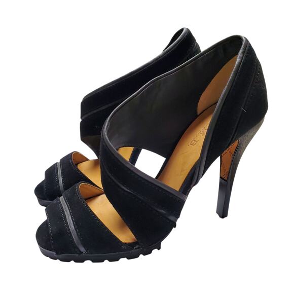 Y2k L.A.M.B. Gwen Stefani Suede Black Peep Toe Heels - Size 7 - Picture 4 of 7